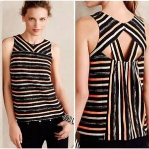 HD In Paris Sleeveless Tank Top Sz 6 Black Orange Striped Open Back Casual Offic
